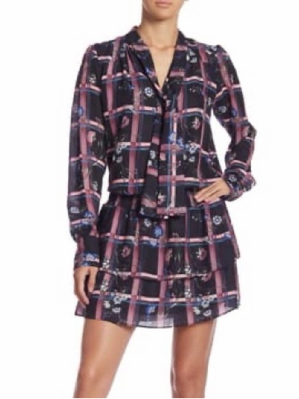 Parker Long Sleeved Neck Tie Blouson Mini Dress Size XS
